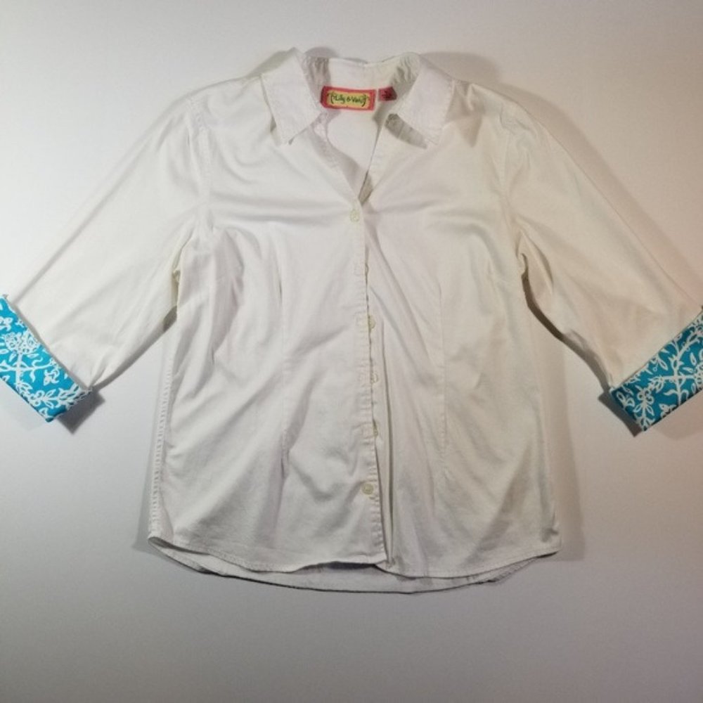 Lilly & Van Button Blouse White Blue M